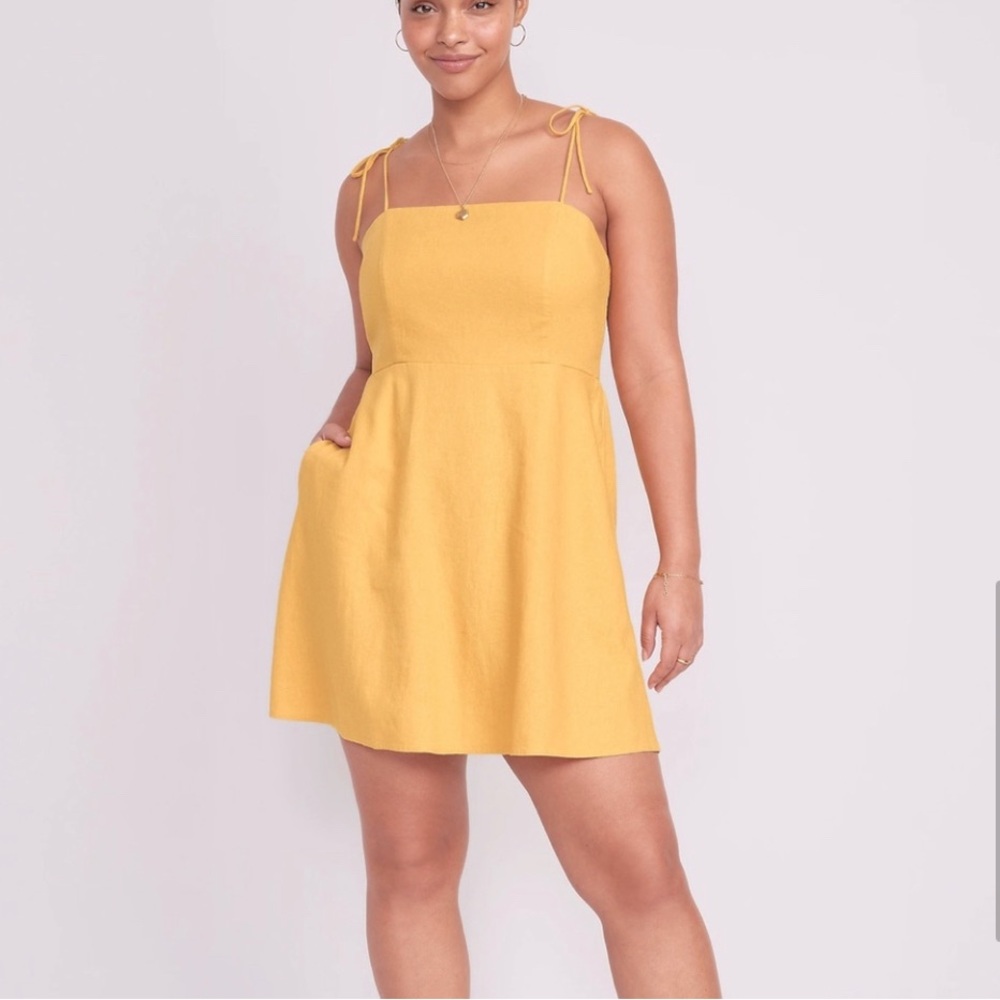 Linen Fit & Flare Sundress Yellow NWT Sleeveless Adj Tie Straps Summer Casual